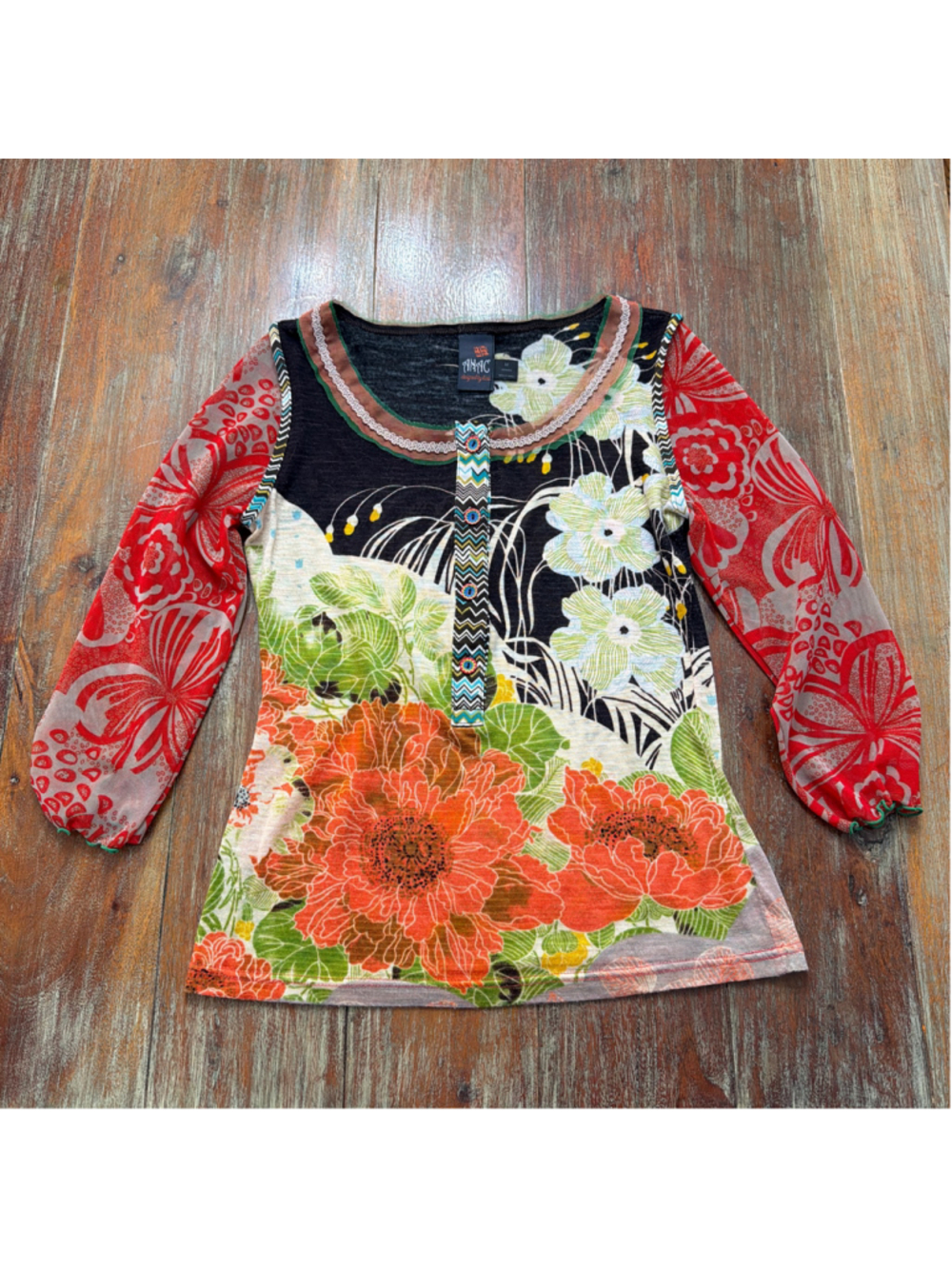 ANAC Designed by Kimi Womens Medium Floral Mesh Top Henley Y2K Boho Art to Wear